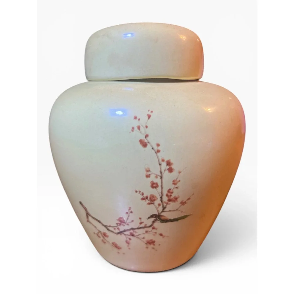 Vintage Hand Painted Ceramic‎ Ginger Jar Bird and Cherry Blossom Cream Apricot